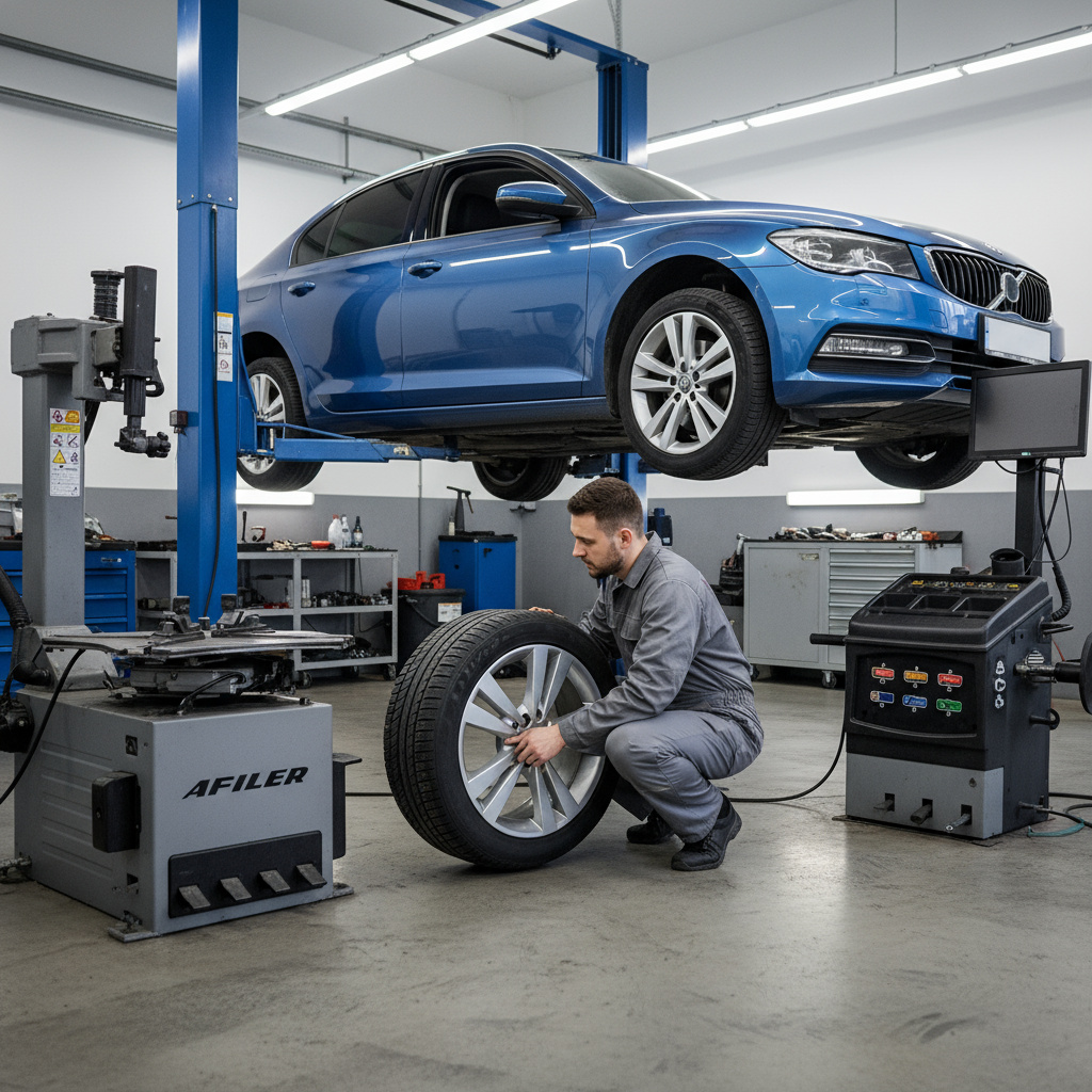 Mechanic fitting a tire in a modern workshop
