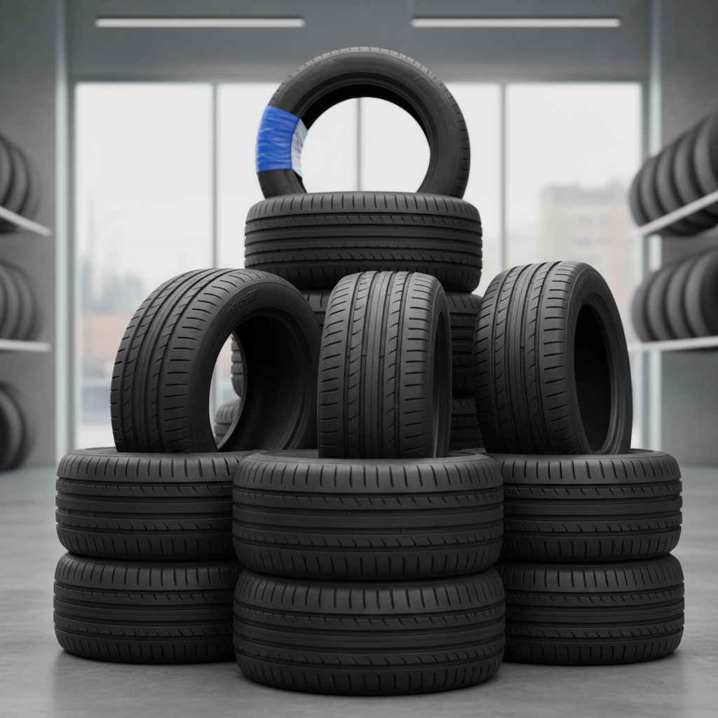 Stack of new car tyres in a workshop showroom