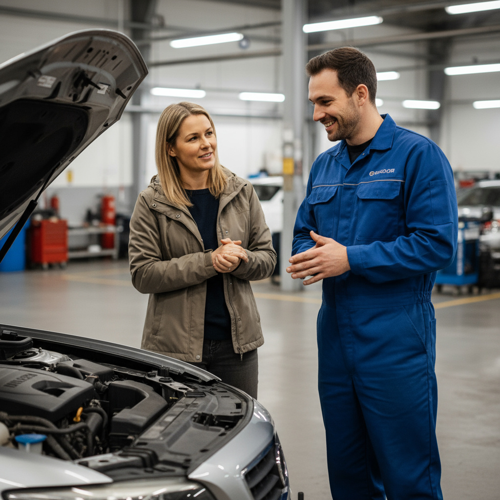 Technician consulting with a customer beside a vehicle