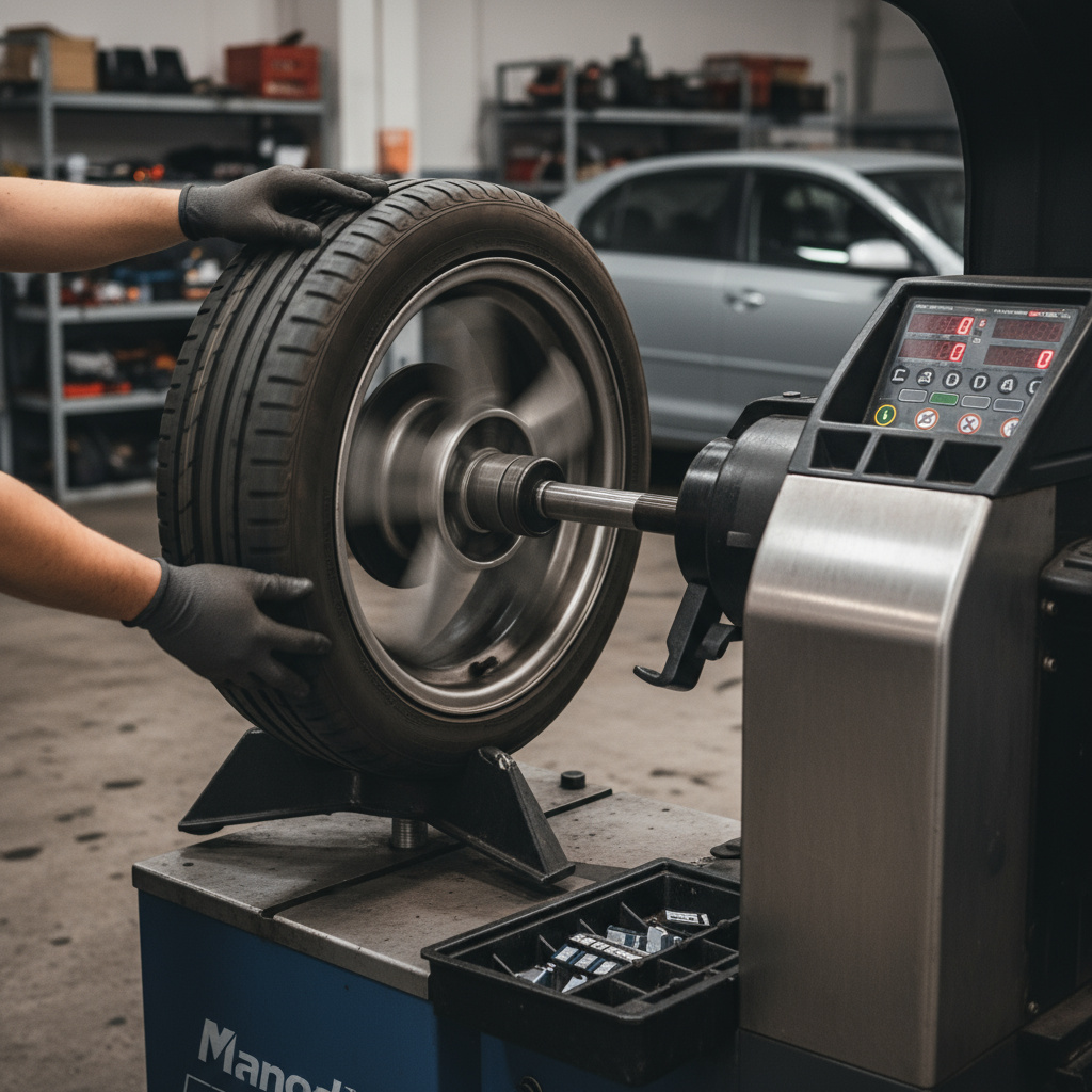 Technician balancing a wheel on specialized equipment