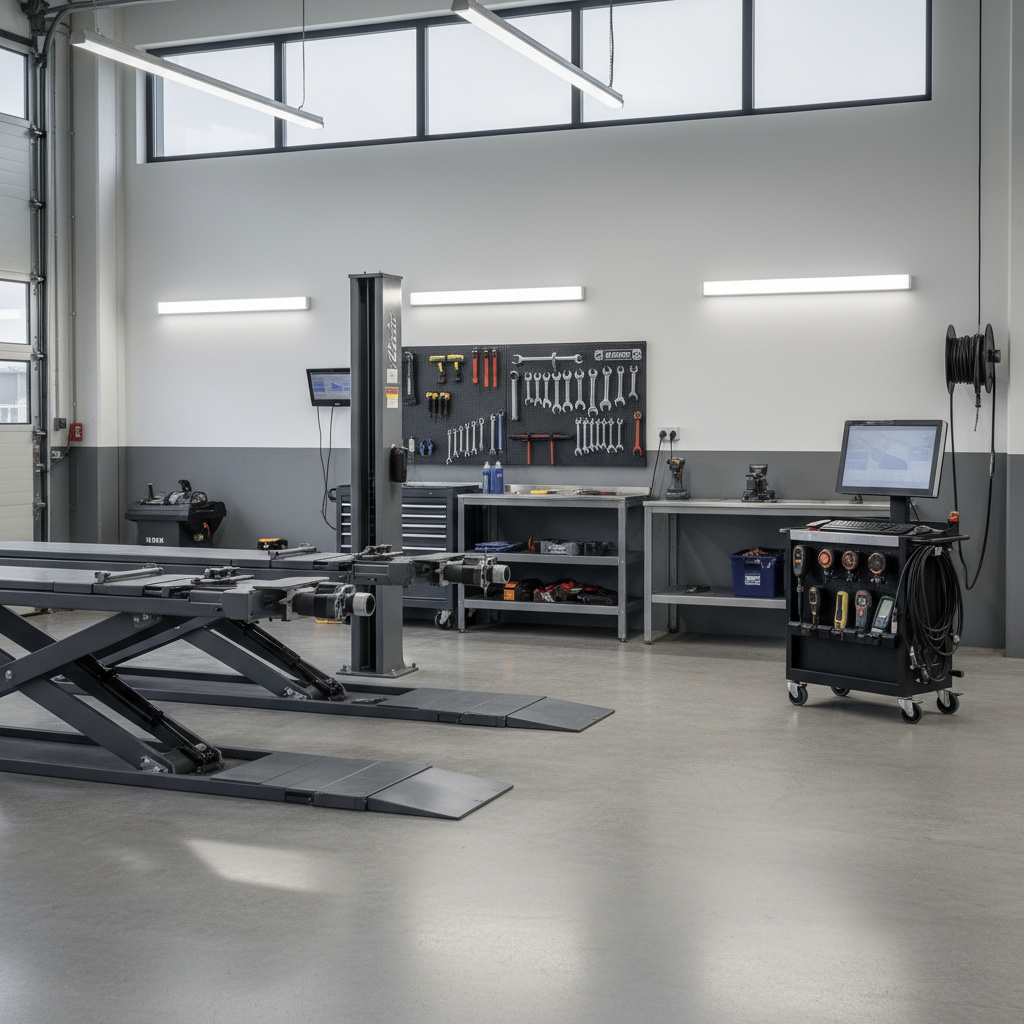 Modern auto service bay with professional alignment equipment